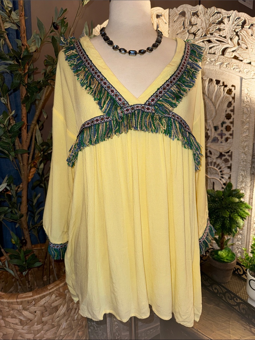 Yellow Fringe-Trim Boho Tunic or mini hi/lo dress - Picture 2 of 9